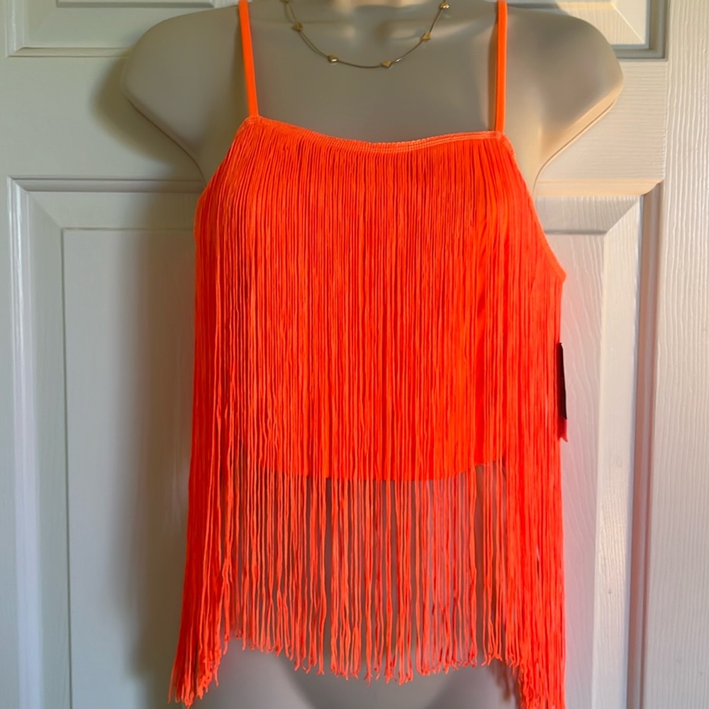 Neon orange Top Shop Crop fringe tank. Size 4
